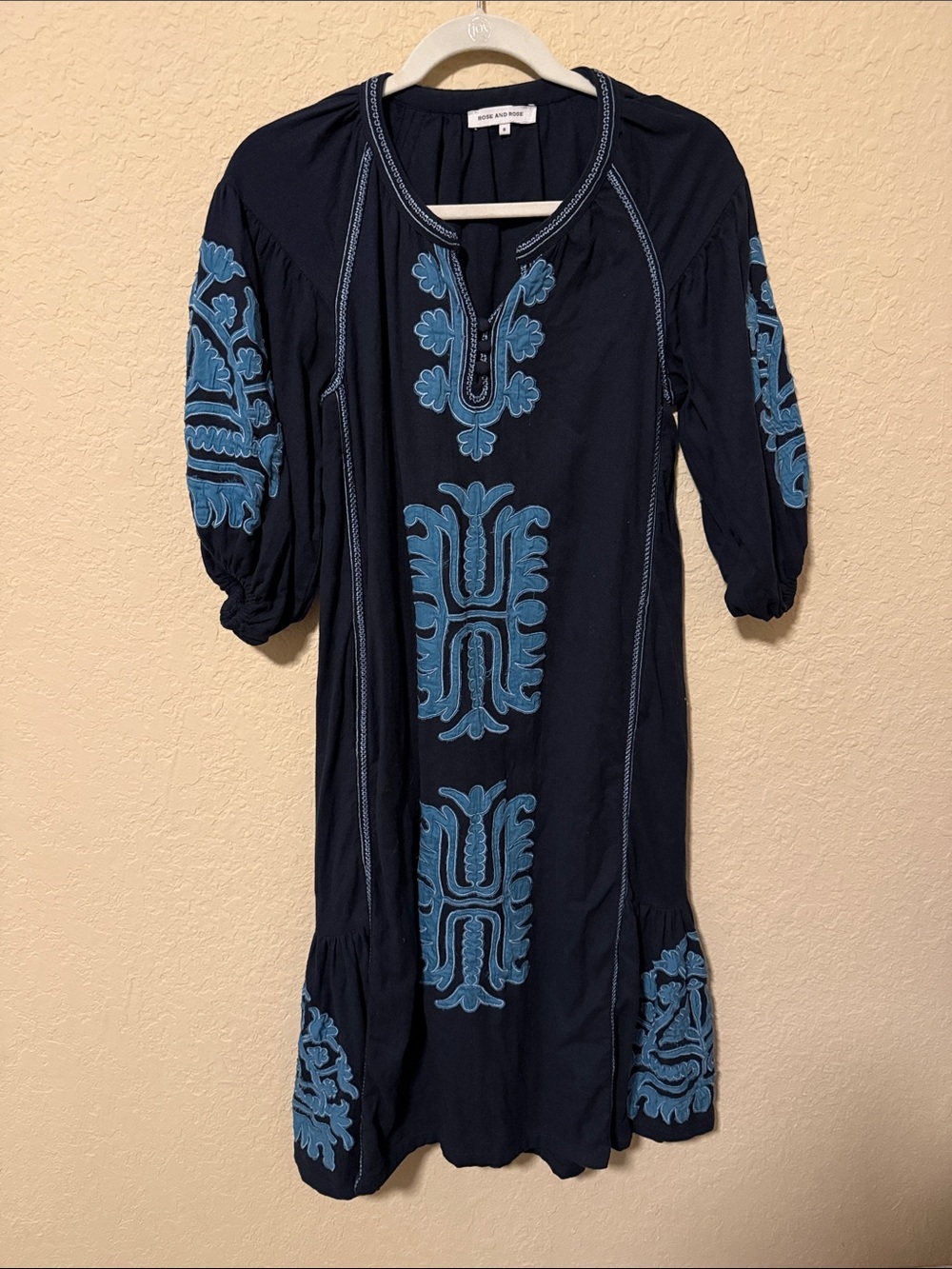 Rose and Rose Embroidered Navy Midi Dress with Blue Accents small